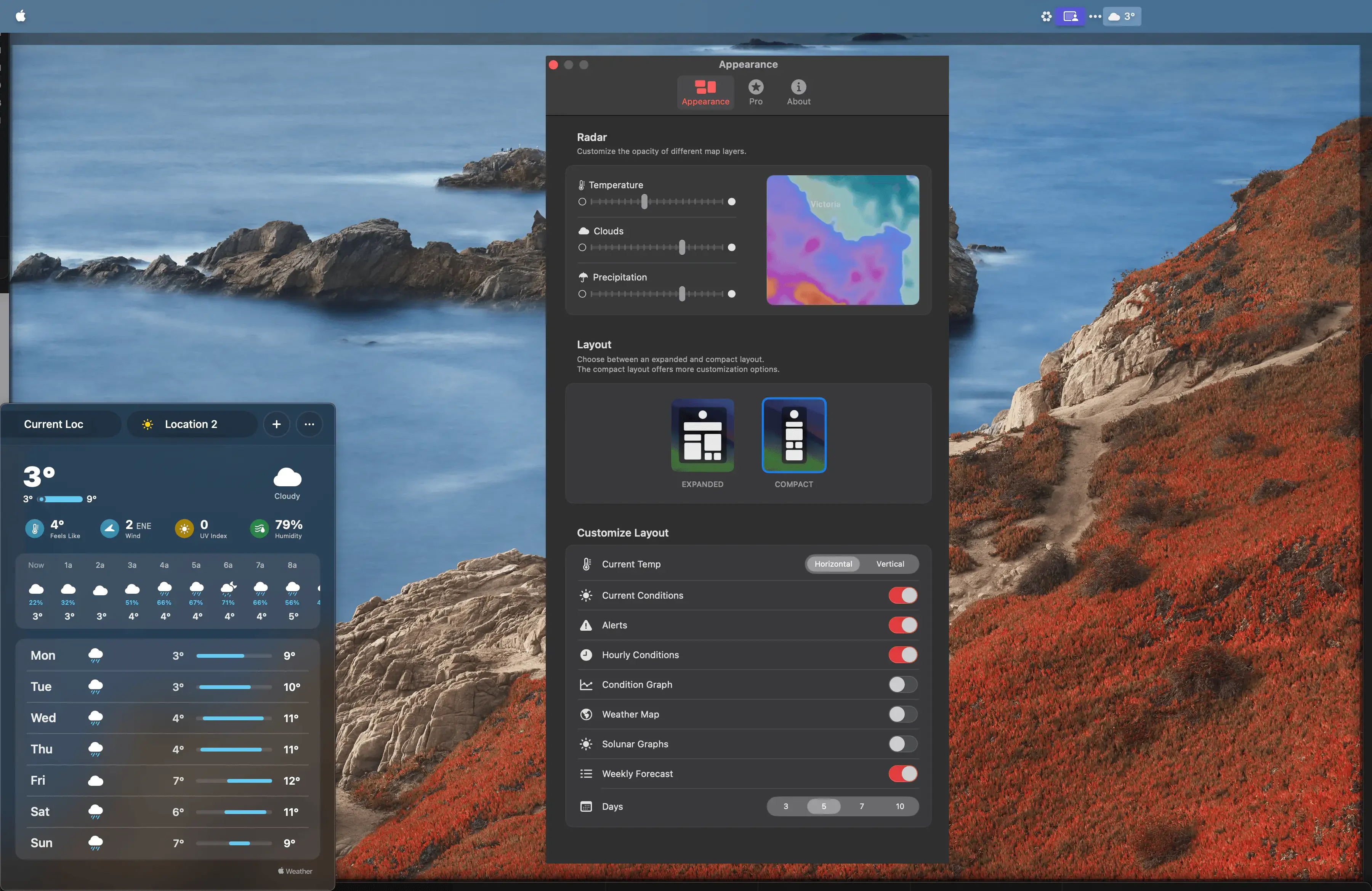 Left Panel: Displays a weather menu popup showing the current temperature, feels-like temperature, wind speed, UV index, and humidity. It includes an hourly forecast with precipitation chances and a weekly weather forecast for upcoming days.
Right Panel: Shows appearance settings for the app. Options include radar customization (temperature, clouds, and precipitation), layout selection (expanded or compact), and toggles to control displayed elements like current temperature, alerts, condition graphs, and weather maps. Weekly forecast days can also be adjusted.
The menu popup incorrectly opens at the bottom left instead of appearing in the menu bar.