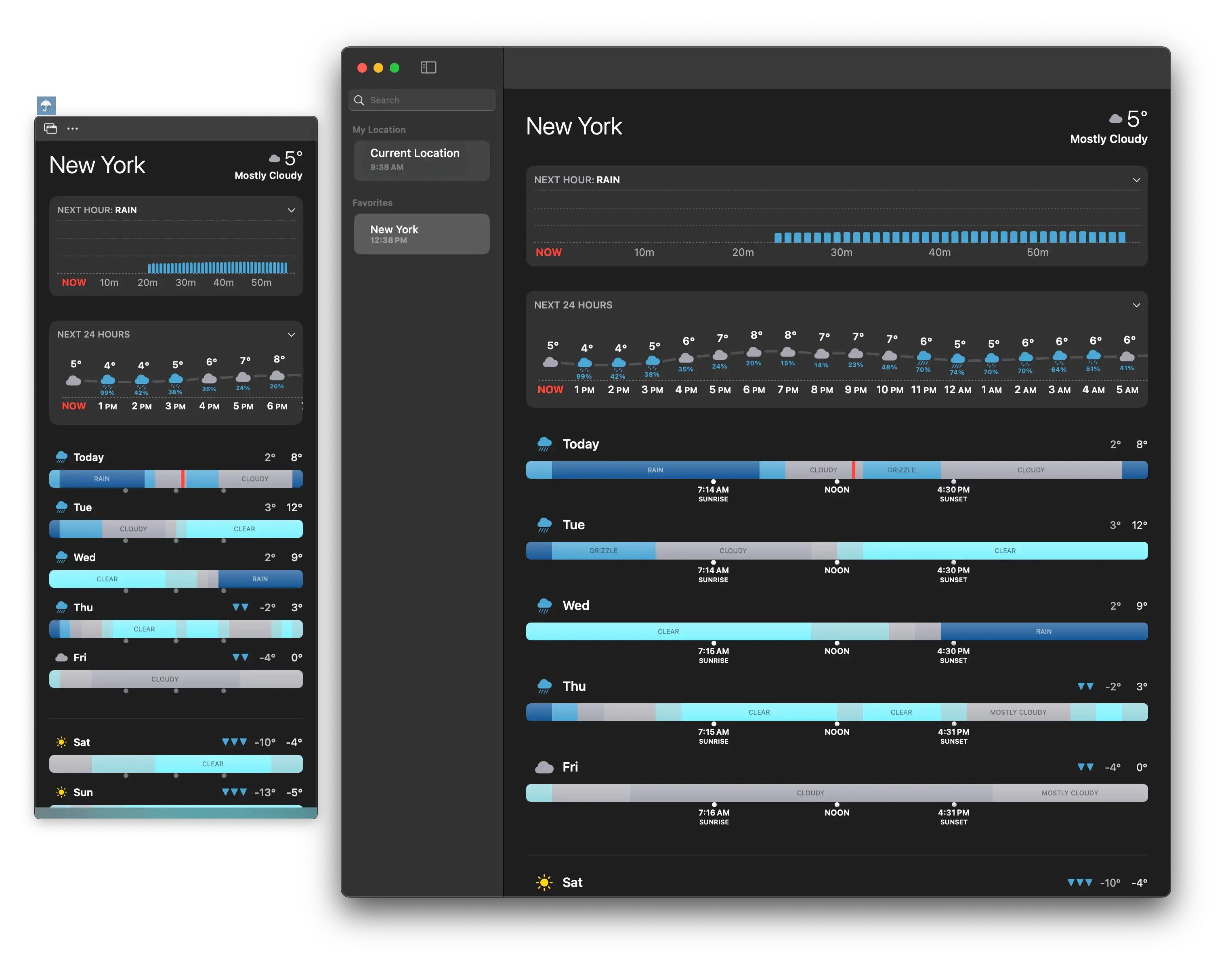 The left panel shows the menu bar popup, providing a compact weather summary for New York. It displays the current temperature and condition (“Mostly Cloudy”), rain predictions for the next hour, and an hourly temperature forecast for the next 24 hours. Below, a daily timeline illustrates weather conditions like rain, clouds, and clear skies, with sunrise and sunset times. The menu bar icon though only shows if you need an umbrella.
The right panel is the desktop app version, offering an expanded view with the same details as the popup but in a more comprehensive format. It includes a detailed hourly forecast for the next 24 hours and extended daily weather timelines. Each day is broken into visual bars showing weather changes, temperature ranges, and significant events like sunrise, noon, and sunset.