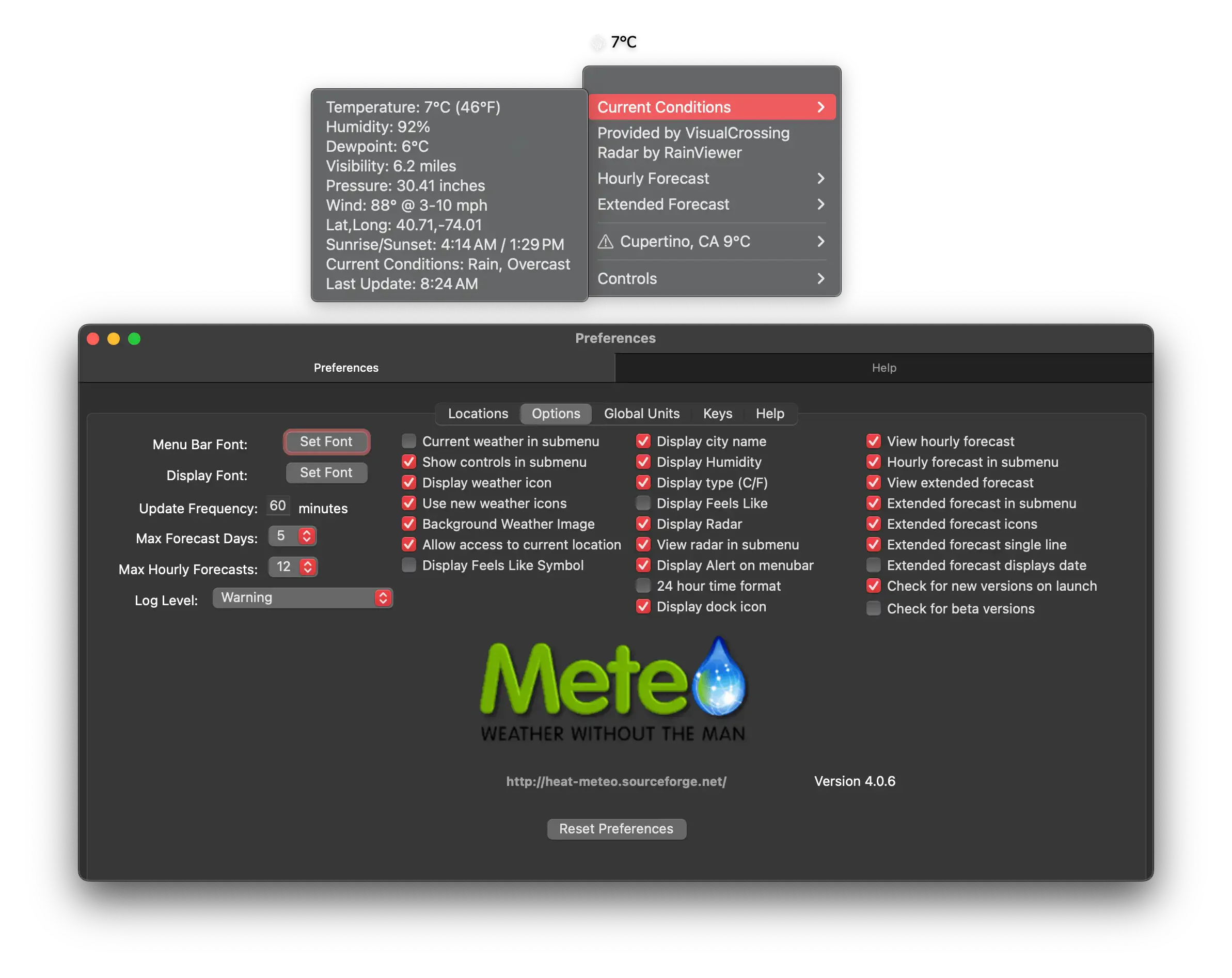 Top Panel: Displays a weather menu showing current conditions such as temperature, humidity, dew point, visibility, pressure, wind speed, location coordinates, and sunrise/sunset times. The menu includes options for the radar, hourly forecast, extended forecast, and controls.
Bottom Panel: Shows the app’s preferences window with customization options. Sections include settings for menu bar font, update frequency, and forecast limits. Users can toggle features such as weather icons, humidity, radar, feels-like temperature, extended forecasts, and hourly forecast options. The interface also allows enabling alerts, 24-hour time format, and access to location-based weather.