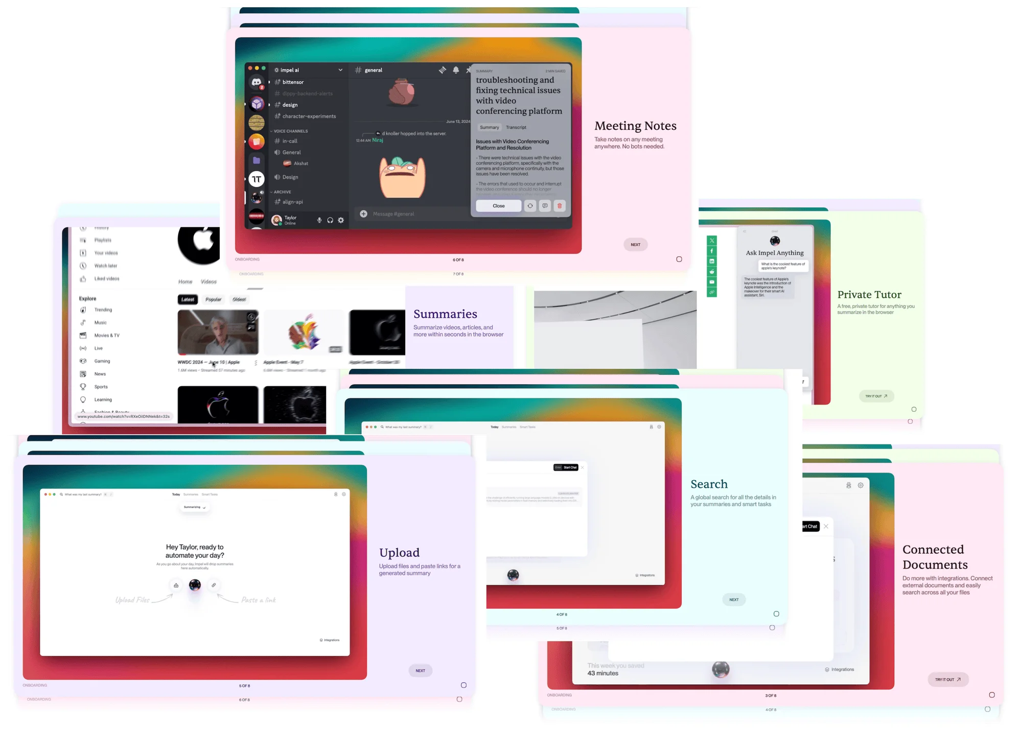 A screenshot showcases all the onboarding screens, some simply displaying "Next," while others offer "Try it out" options that link to demonstrations of how the feature works.