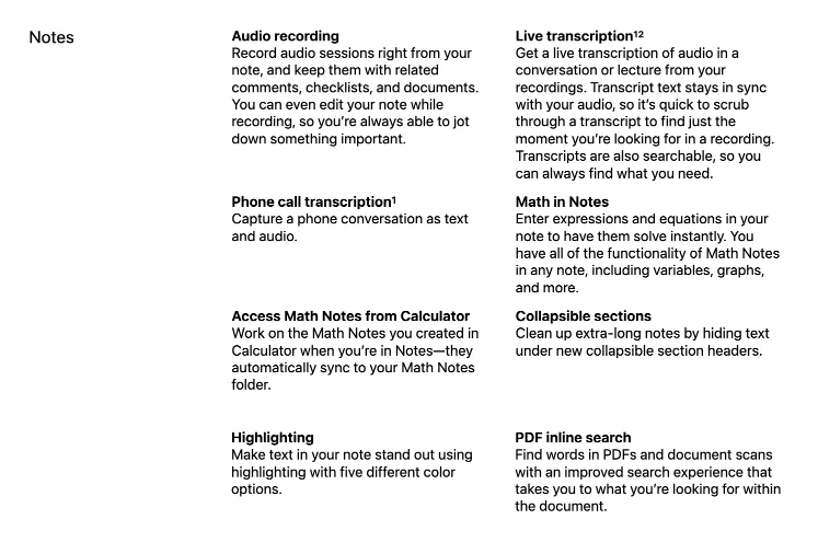 iOS 18 notes: Audio recording, Live transcription, Phone call transcription, Math in Notes, Access Math Notes from Calculator, Collapsible sections, Highlighting, PDF inline search