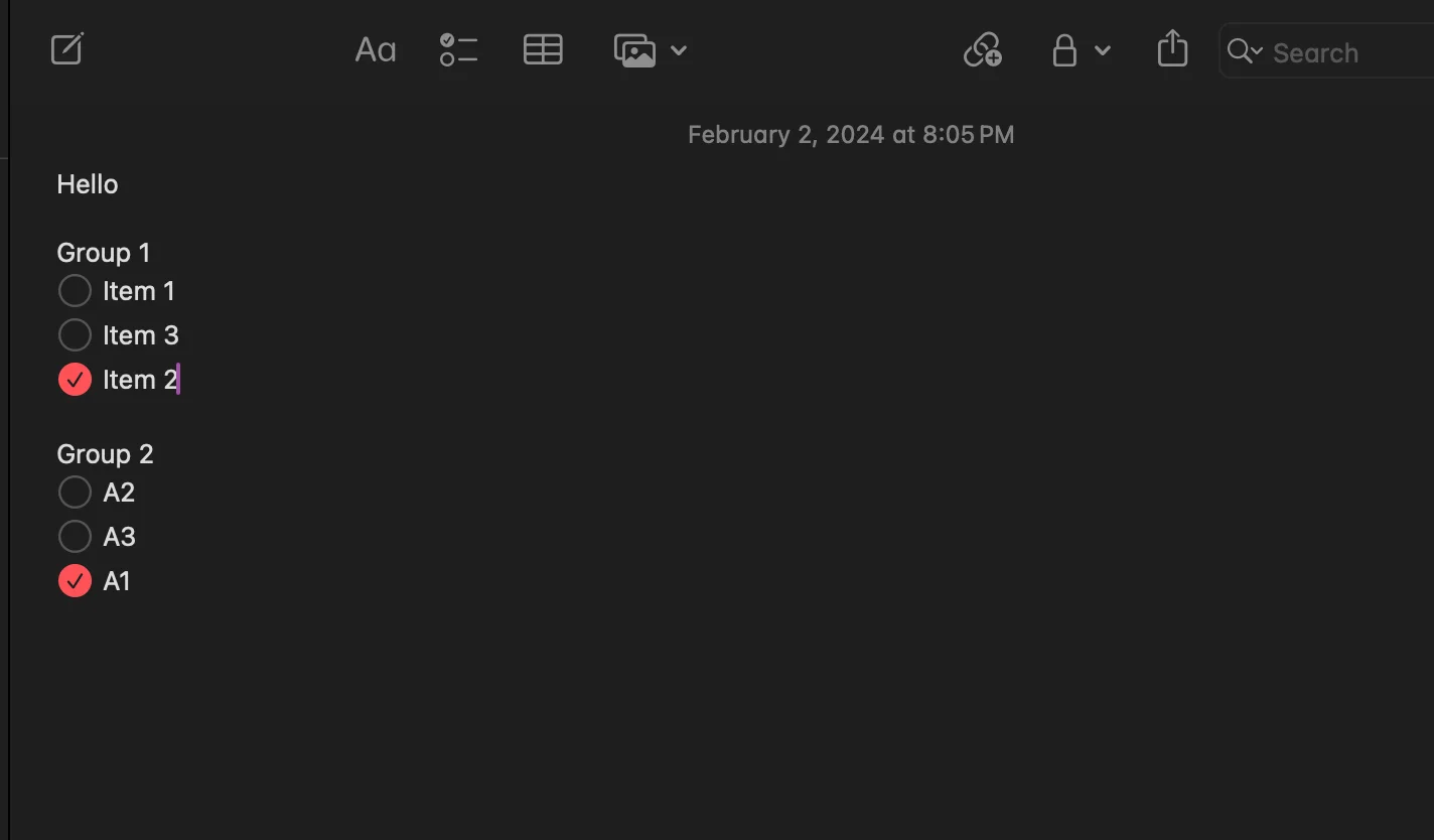 Completed items move the bottom of each checklist group. A group is defined by any other content that exists between two checkboxes.