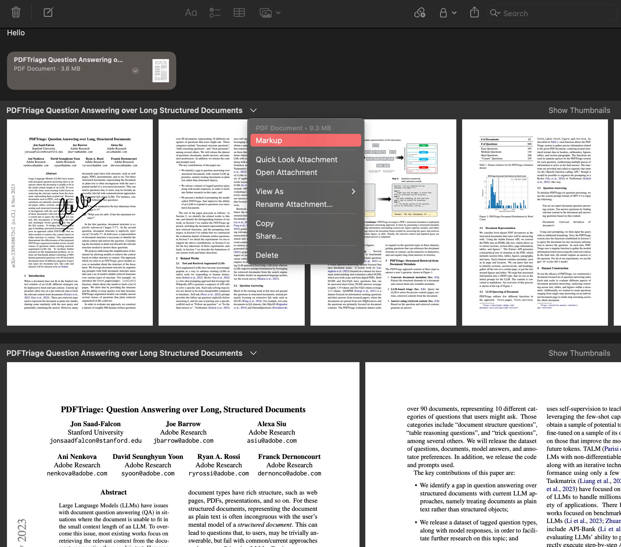 Showing small, medium and large embeds of a pdf attachment with and without markup.