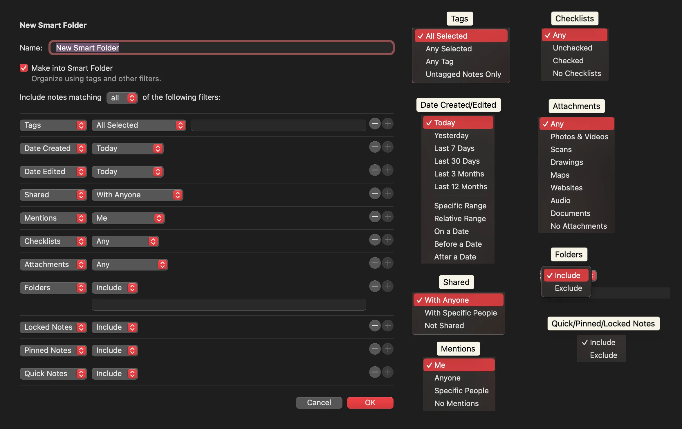 The image displays a settings interface for creating a "New Smart Folder" with various filter options.