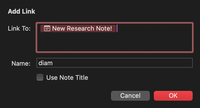 Add link to another note dialog box
