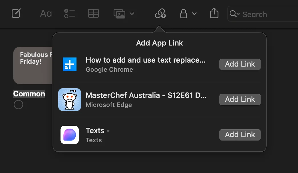 The add app link option in Apple Notes