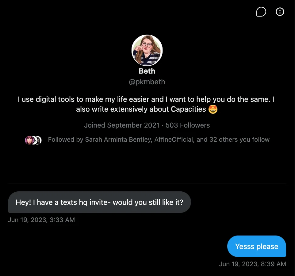 Texts invitation from Beth 2023-06-24