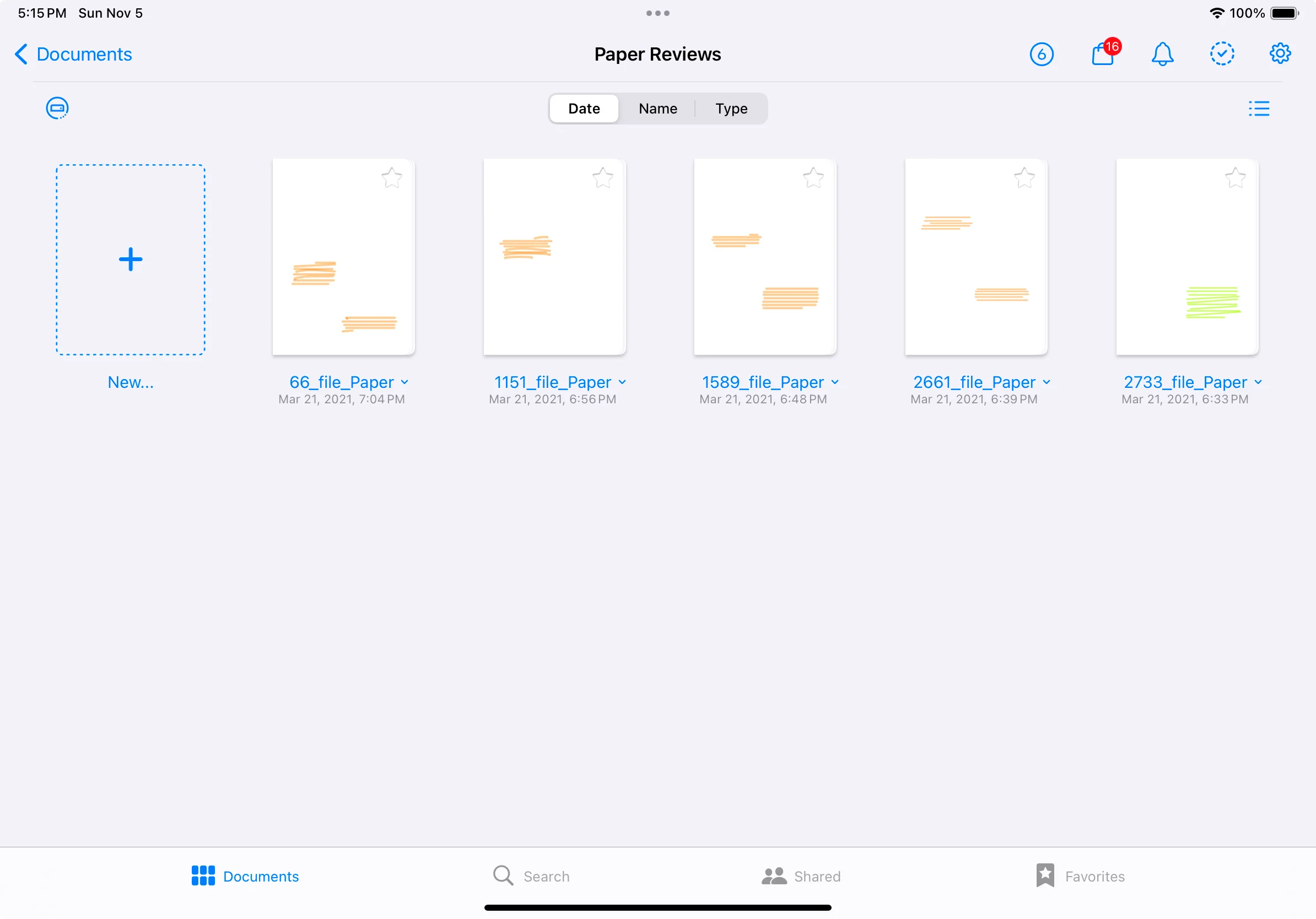 This image shows a screenshot of Goodnotes app on iPad. The interface is displaying a folder named "Paper Reviews". Several documents are shown as thumbnails. Annotations on the thumbnails are visible, such as lines or marks made on the documents, but the actual content of the PDFs is not visible in the thumbnail preview suggesting data corruption.