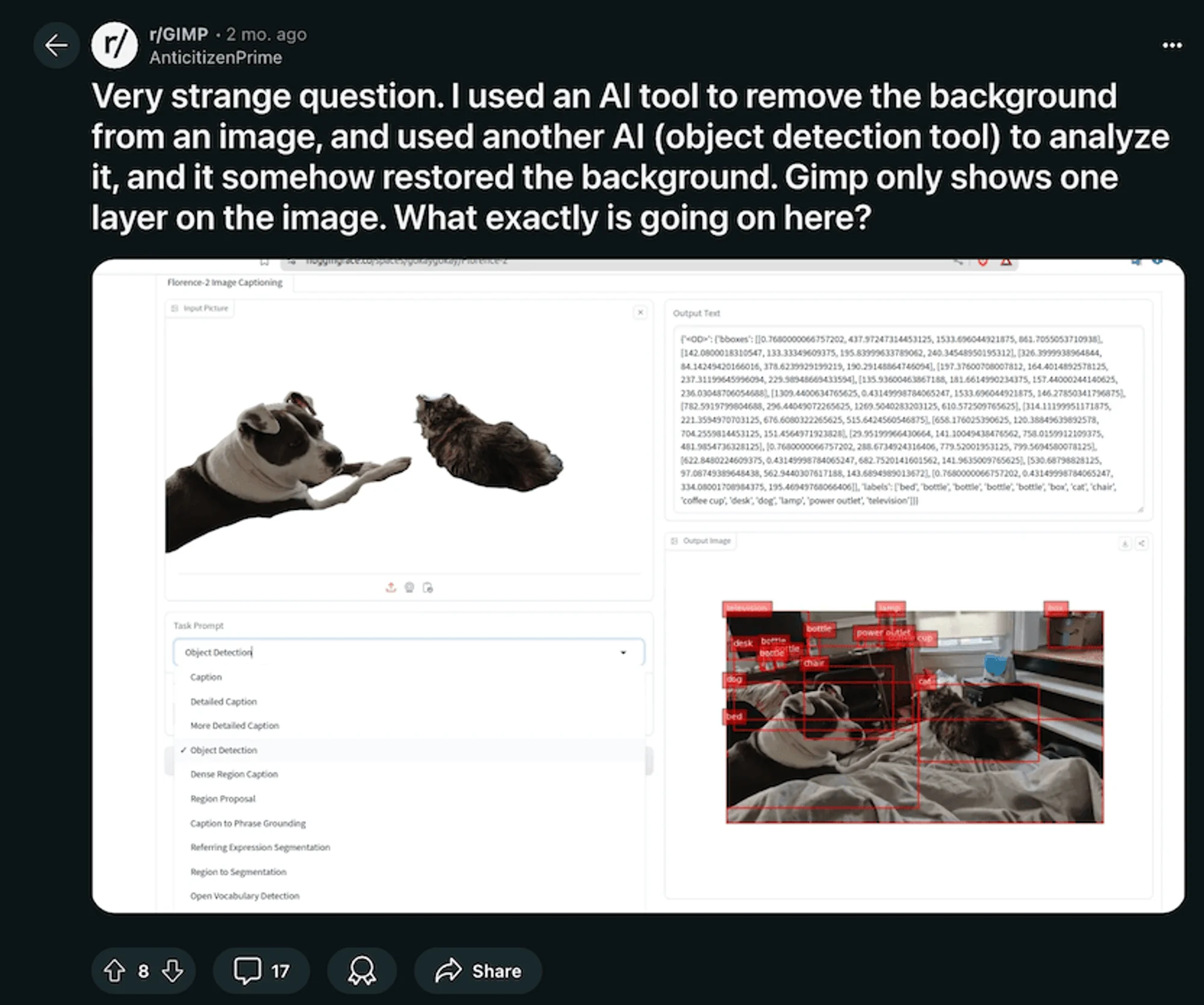 A screenshot of a reddit post asking why a model can read background from their “background removed” image, showing florence input on left with no background and complete original image on right with all information.