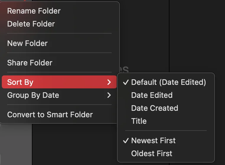 Folder options in Apple Notes, namely Rename, Delete, Share, Sort, Group and Convert to Smart Folder