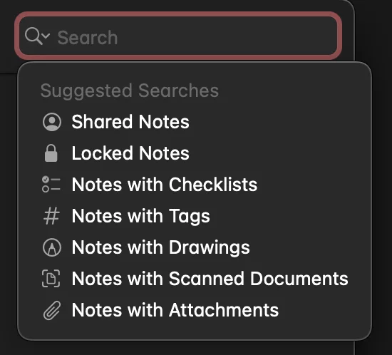 Options for smart search in apple notes.