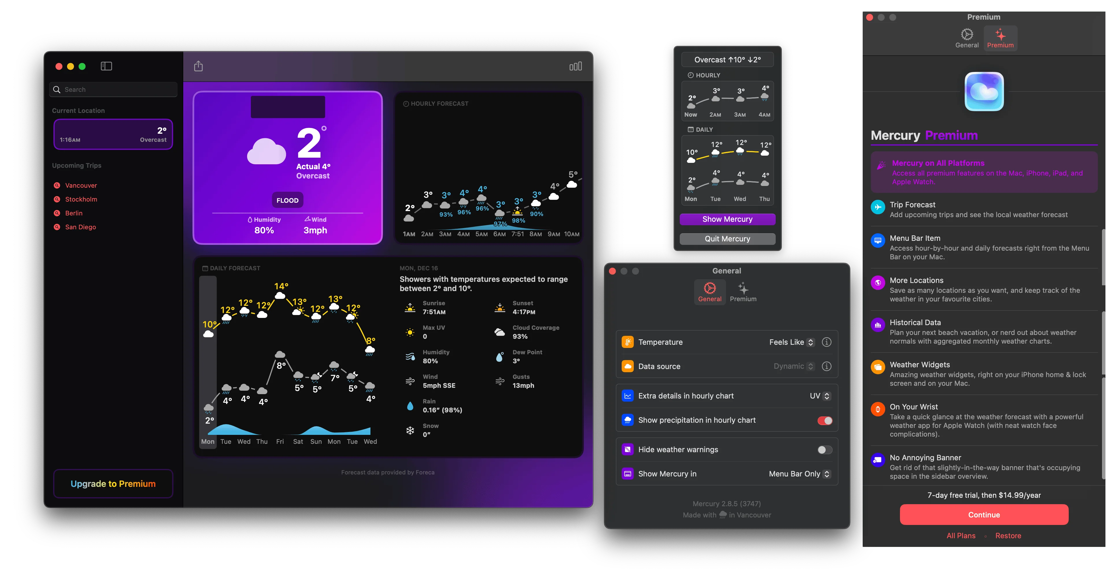 Left Panel: Displays the main weather dashboard, showing current temperature, feels-like temperature, humidity, wind speed, and flood alerts. The hourly forecast is displayed above, while a daily forecast graph shows temperature trends and weather conditions for the week. A sidebar lists upcoming trips and locations.
Top Right Panel: Shows an hourly weather overview with detailed forecasts for the next hours and days. It includes buttons to toggle the “Show Mercury” feature and quit the app. This is the menu bar dropdown
Middle Right Panel (General Settings): Provides options to configure temperature settings, data sources, hourly chart details, and weather warnings. Users can toggle features like precipitation in charts and hiding alerts.
Far Right Panel (Premium Features): Promotes “Mercury Premium,” offering additional features such as trip forecasts, menu bar integration, more locations, historical weather data, weather widgets, and Apple Watch support. The subscription includes a free 7-day trial and an annual fee.