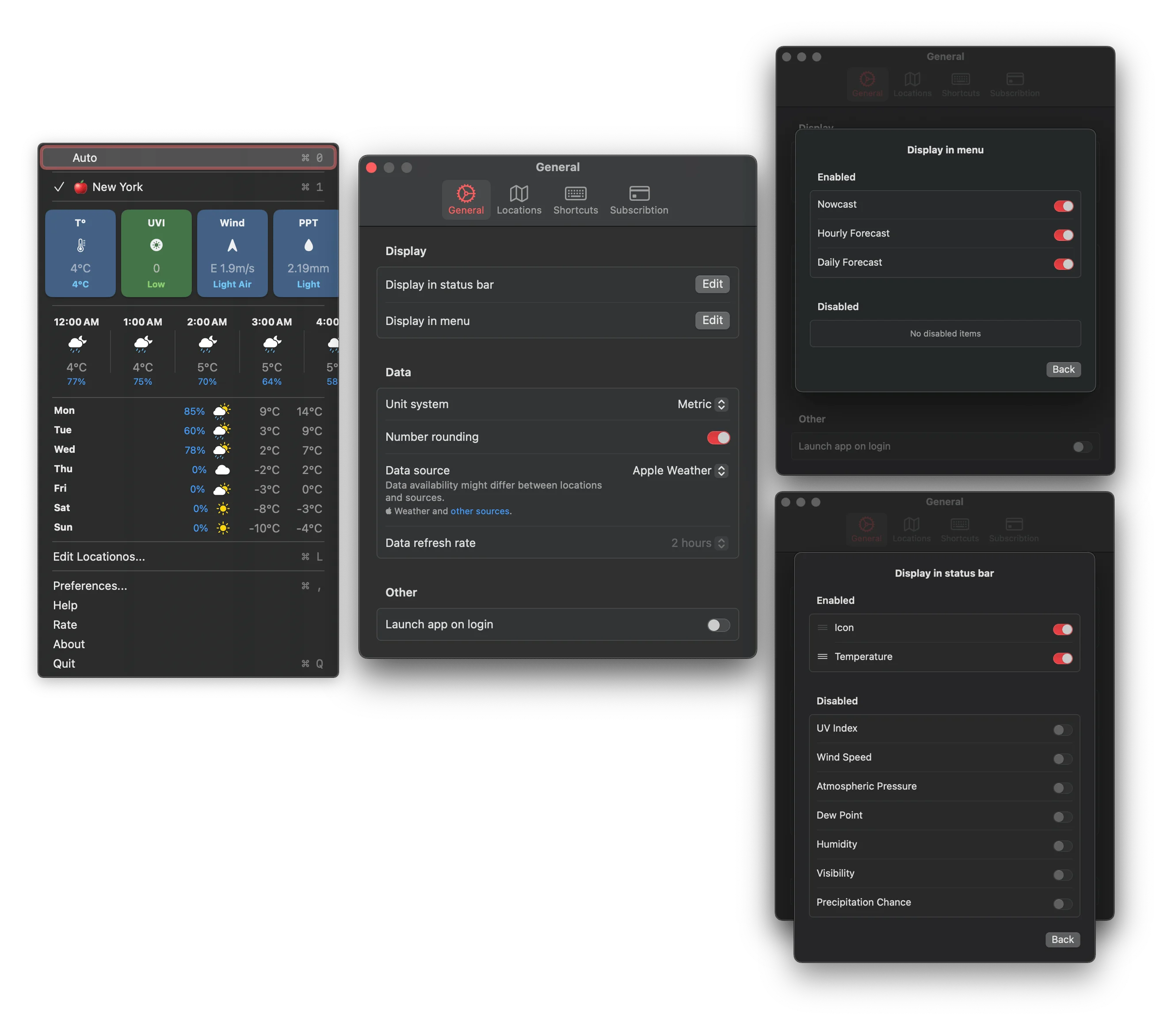 Left Panel: Displays current weather conditions for New York, including temperature, UV index, wind speed, and precipitation. It shows hourly and weekly forecasts with weather icons, temperatures, and precipitation percentages. However, the “feels like” temperature is not included.
Middle Panel (General Settings): Provides options to edit the display in the status bar and menu. Users can configure the unit system, number rounding, data sources, and the refresh rate. A toggle for launching the app on login is also available.
Top Right Panel: Customizes what appears in the menu display, enabling options like Nowcast, hourly forecast, and daily forecast.
Bottom Right Panel: Allows customization of the status bar display, enabling icons and temperatures while keeping options like UV index, wind speed, and humidity disabled.