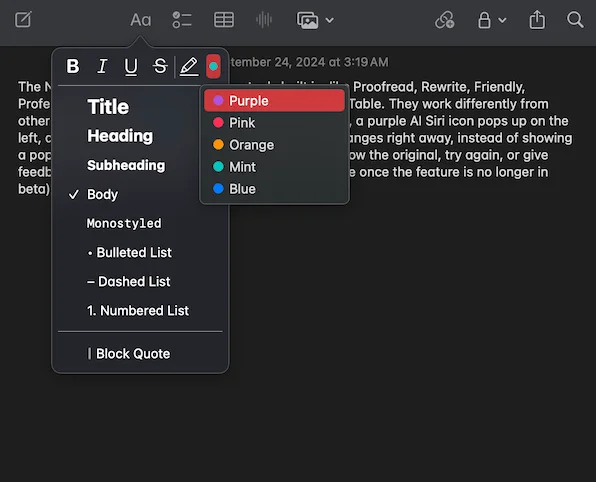 The image displays the Toolbar formatting options for Apple Notes. It includes bold, italic, underline, strikethrough, and highlight for styling (along with five color options: purple, pink, orange, mint, and blue), as well as other paragraph styles.