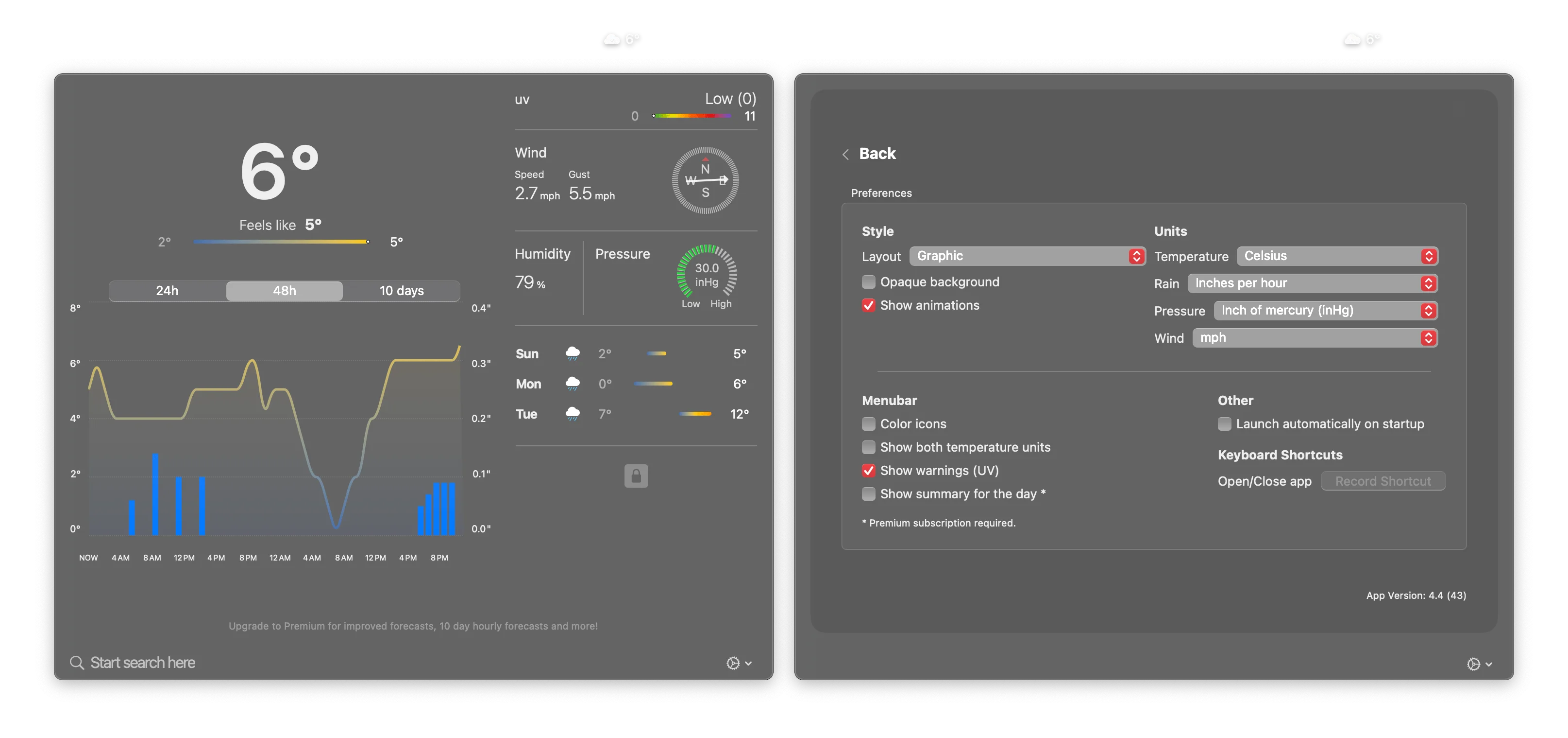 Left Image: Displays a weather app showing the current temperature and feels-like temperature. It includes details like UV index, wind speed, humidity, and pressure. Forecast charts are shown for different timeframes, along with hourly rain predictions displayed in blue bars.
Right Image: App settings screen with sections for style preferences, including layout options, animations, and background settings. Units for temperature, rain, pressure, and wind can be customized. Menu bar options include warnings and temperature display settings, along with startup and keyboard shortcut settings.