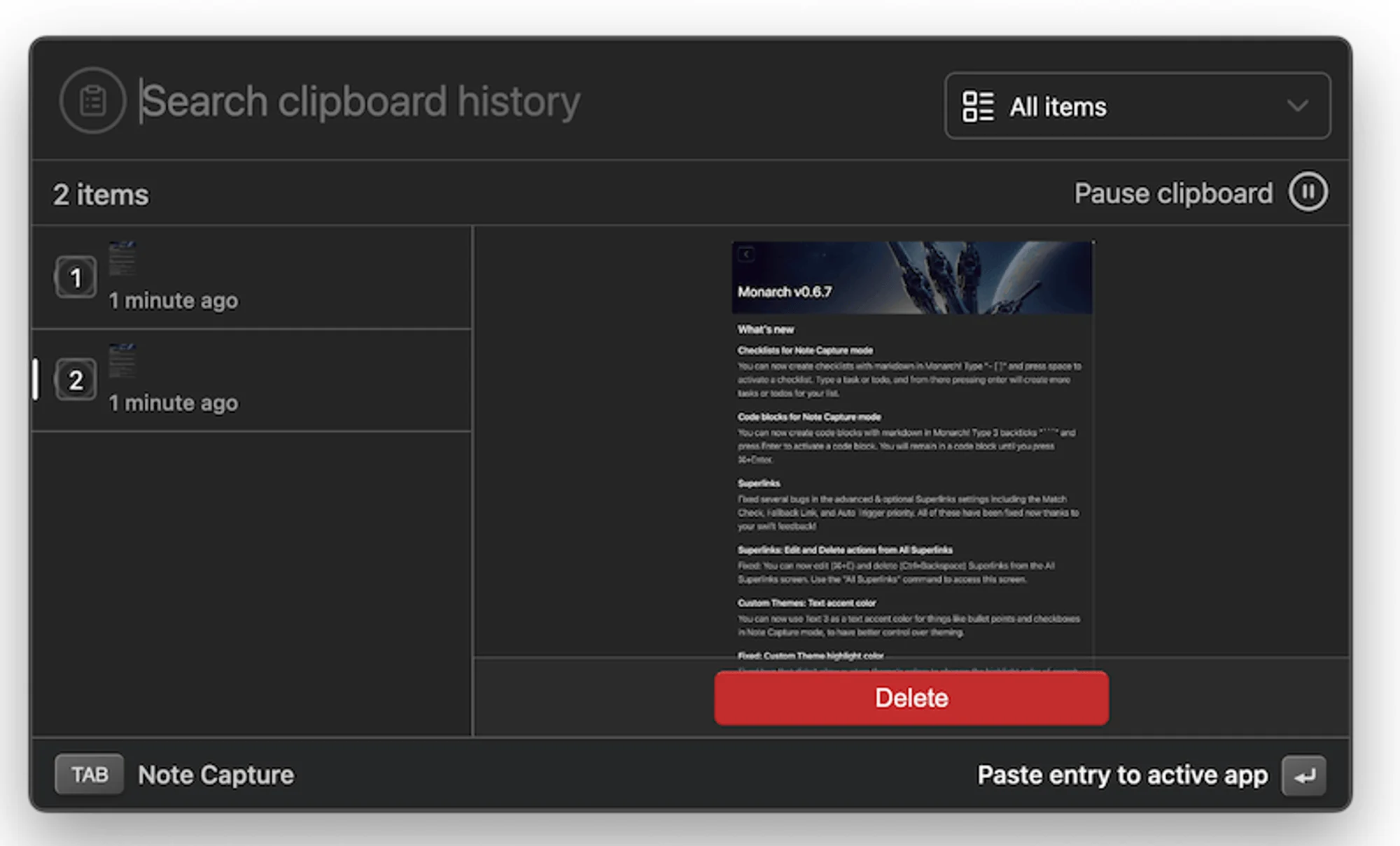 Monarch window displaying clipboard history and quick paste commands for the top 10 recent items.