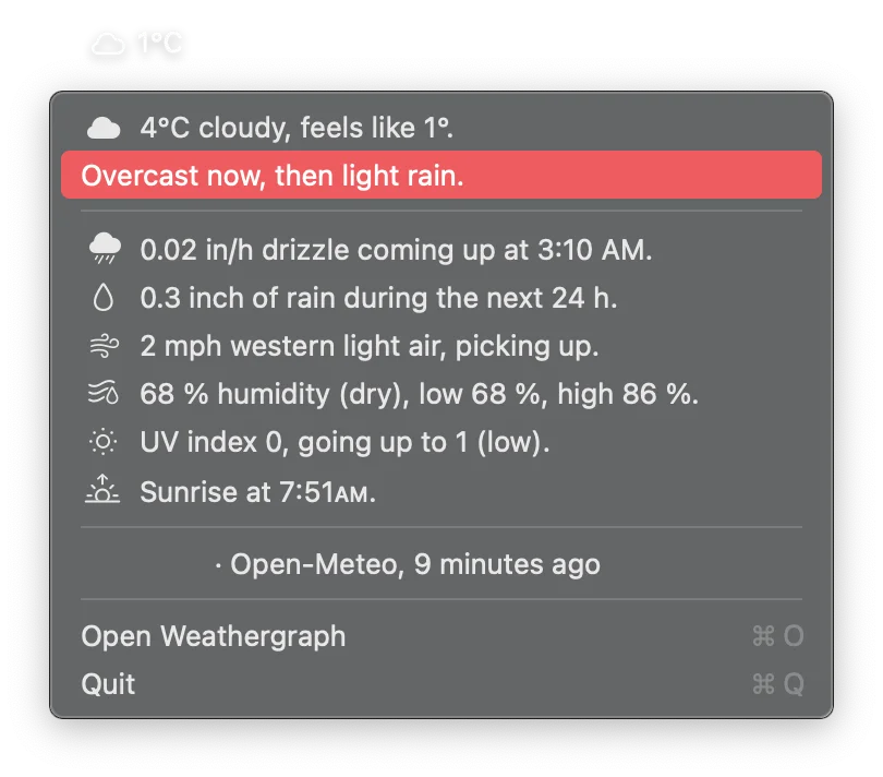 The image shows a weather menu displaying the current temperature, condition, and feels-like temperature in the menu bar. Details include light rain forecasts, humidity, wind speed, UV index, and sunrise time. The weather data is provided by Open-Meteo.