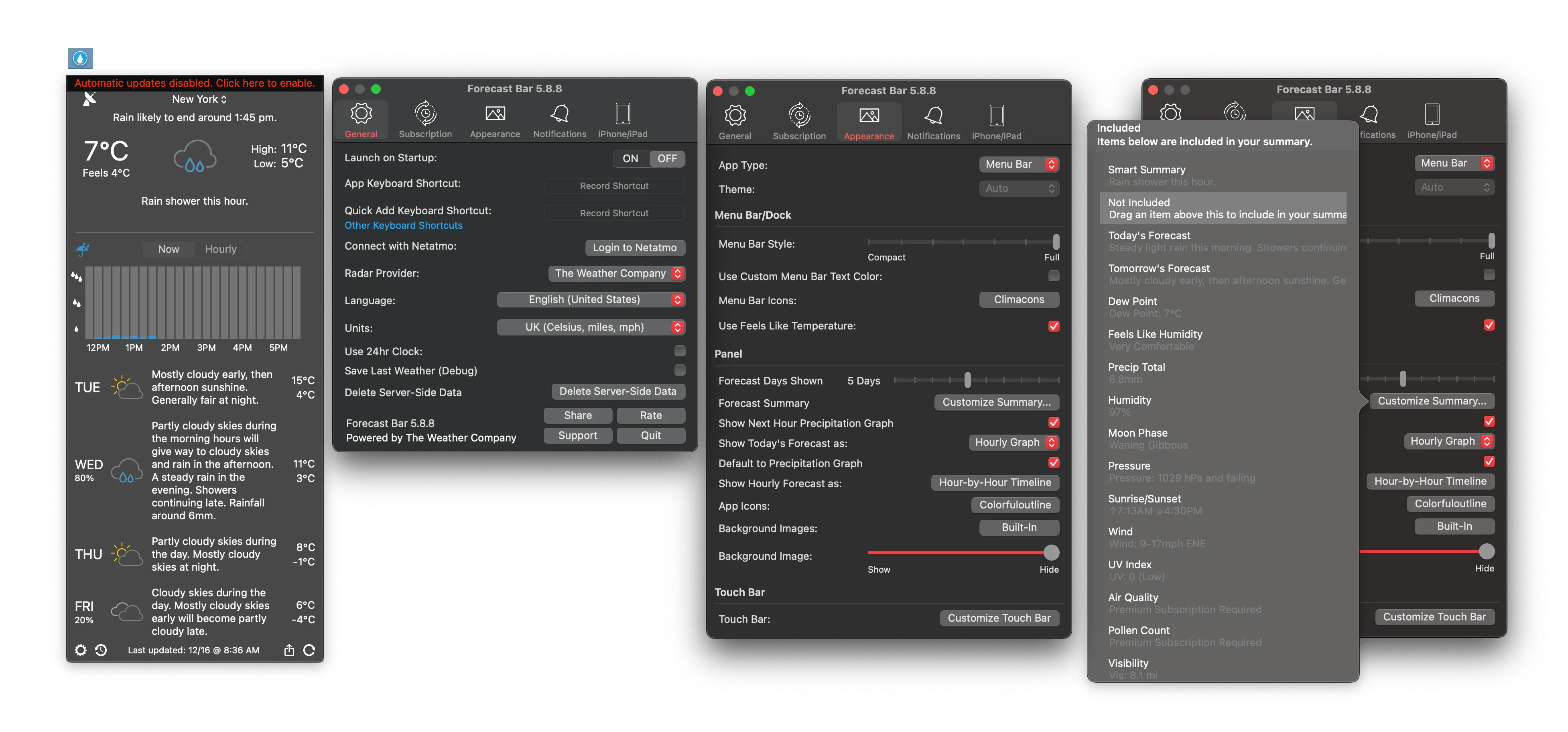 Left Panel: Displays the current weather conditions, including temperature, feels-like temperature, and rain forecast. Below, a detailed hourly precipitation graph is shown, followed by a multi-day forecast with weather descriptions, temperature ranges, and precipitation percentages.
Middle Panel: Shows general app settings. Options include startup behavior, keyboard shortcuts, radar provider selection, language preferences, and units of measurement. Additional features like enabling 24-hour time format, data saving, and server-side data management are available.
Right Panel: Focuses on the appearance settings for the app. Users can customize the menu bar style, icons, and text color. It also provides options for forecast summaries, background images, hourly graphs, and touch bar customization. A summary section allows users to include or exclude specific weather details like humidity, wind, and moon phase.