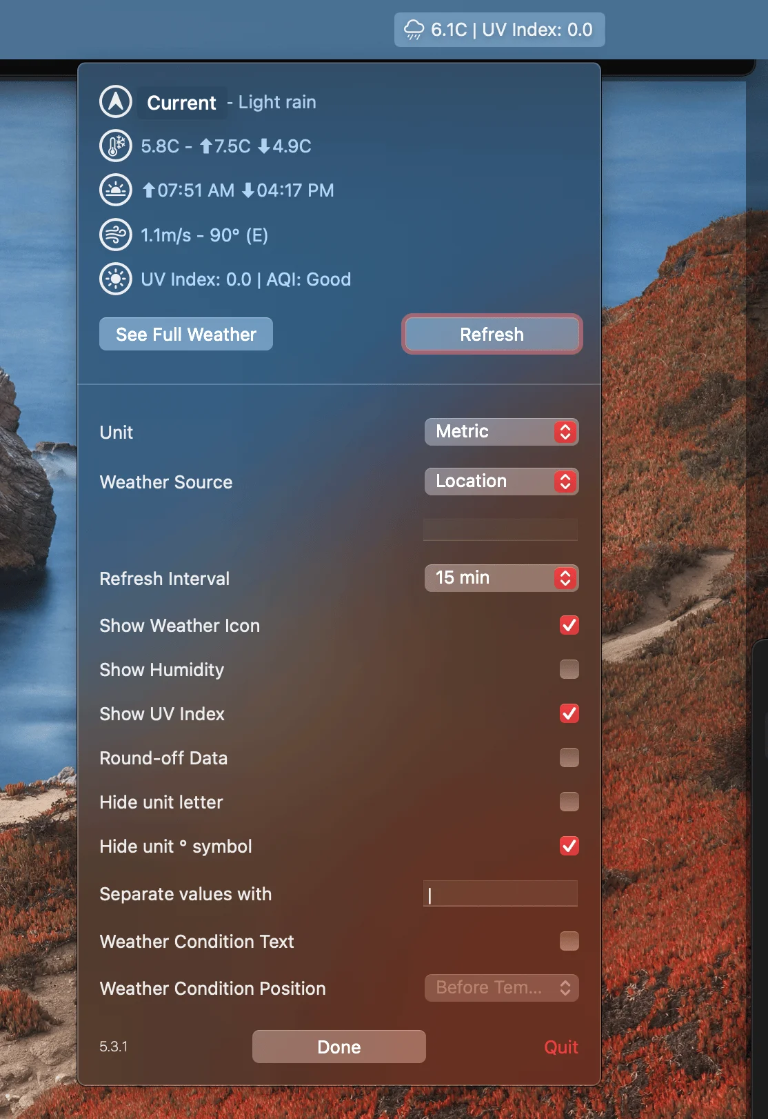 The image shows a weather menu displaying current weather conditions, including temperature, light rain, sunrise and sunset times, wind speed and direction, UV index, and air quality index (AQI). Below this, settings allow customization of the display. Options include selecting units (metric), weather source, and adjusting the refresh interval. Toggles are available to show or hide the weather icon, humidity, UV index, and unit symbols. Additional options include rounding off data, customizing text display, and positioning weather condition information. A refresh button and “See Full Weather” option are also visible.