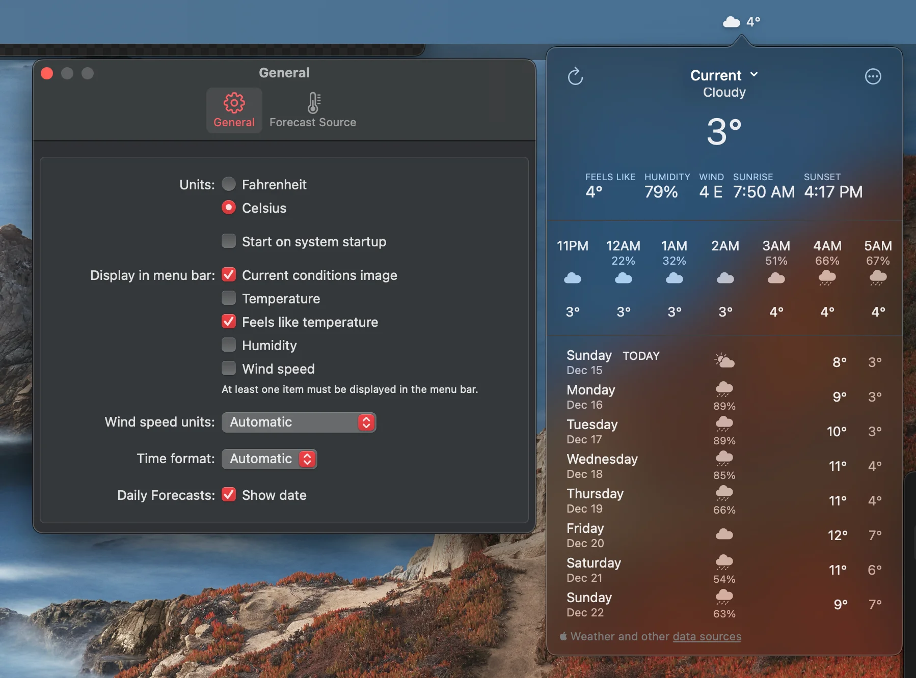 Left Panel: Shows general settings for the app. Users can toggle options like units (Celsius or Fahrenheit), startup preferences, and display options for the menu bar, including current conditions, feels-like temperature, and humidity. Additional settings include wind speed units, time format, and the option to display dates in daily forecasts.
Right Panel: Displays the weather menu with current conditions, including temperature, feels-like temperature, humidity, wind details, sunrise, and sunset times. It also provides an hourly weather forecast for the night and early morning, along with a weekly forecast showing weather conditions for upcoming days.