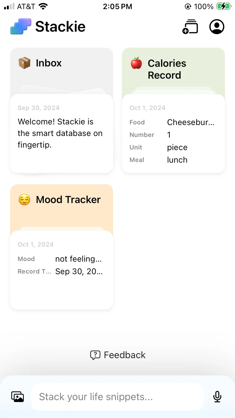 This screen displays all my current stacks: Inbox, Calorie Record, and Mood Tracker. Inbox is a special pre-existing stack where you can create notes without assigning them to a specific stack. Later, you can combine these notes into a new stack if desired. Calorie Record has multiple properties, such as food input, unit, meal time, and more. The Mood Tracker simply contains two values: the recorded time and the general mood.