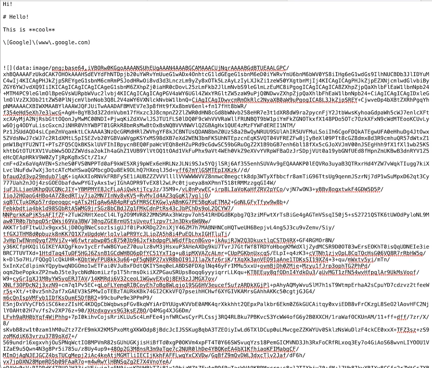 The note is saved a markdown file and the added image is converted to base64