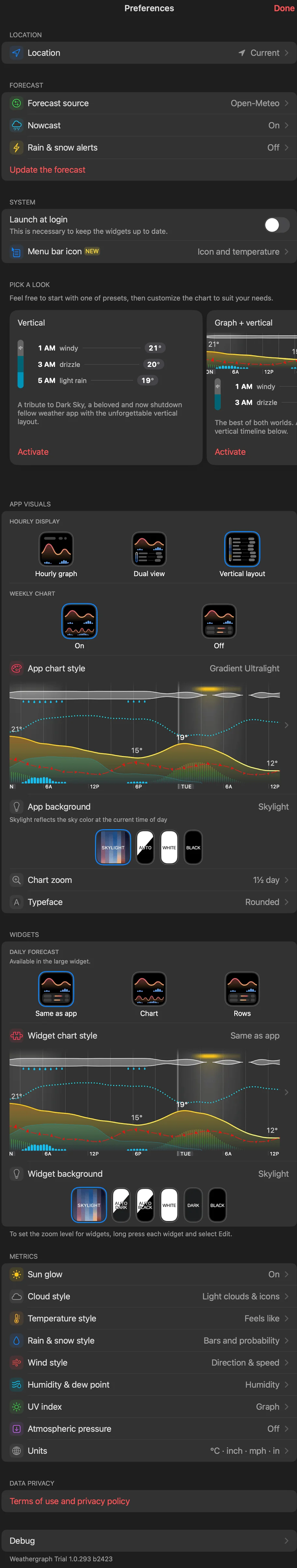 The image shows the preferences screen for a weather app with a dark theme. The interface displays various customization options organized into sections: Location and forecast settings are at the top, including options for weather source and alerts. System settings follow, with toggles for launch at login and menu bar icon display. The central section shows extensive graph customization options, including vertical and horizontal layouts, with sample weather visualizations showing temperature and conditions over time. Users can choose between different view styles like hourly graph, dual view, and vertical layout. The bottom portion contains detailed settings for data display, including options for sun glow, cloud style, temperature units, wind display, humidity metrics, and UV index. The interface ends with data privacy information and debug details.