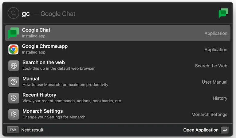 Using gc as a shorthand for launching an application but it is not ordered by recency (google chat shows up first, because it is in alphabetical order)