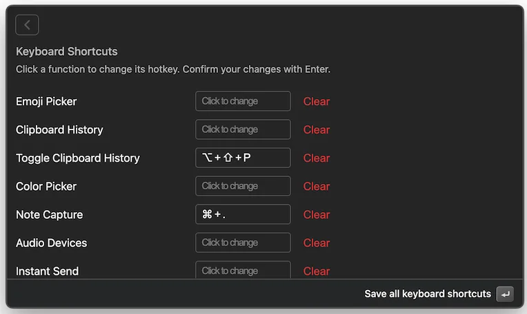 Monarch’s managed keyboard shortcuts window lets you set shortcuts for emoji clipboard, toggle clipboard history, color picker, note capture, audio devices, and instant send, though the process can be a bit convoluted.