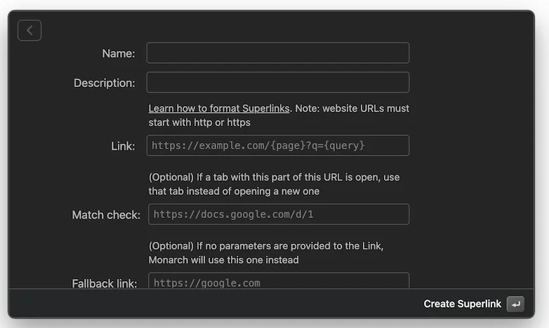 The Superlink screenshot displays entry fields for name, description, link, match check, and fallback links. Not pictured is the option to choose which browser or application the link opens in.