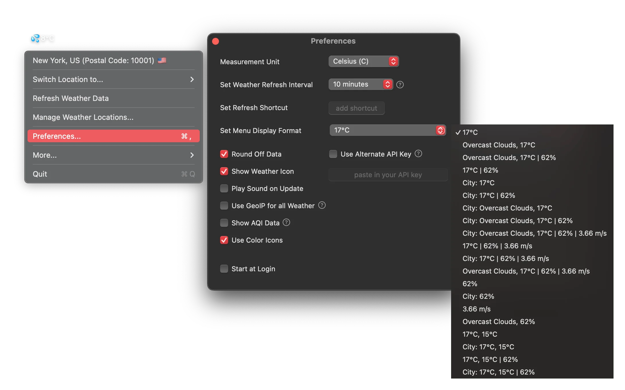 Left Panel: A menu bar dropdown displays the current location (New York, US) with options to switch locations, refresh weather data, manage locations, access Preferences, and quit the app. However, it only displays the nowcast and does not include any forecast information.
Middle Panel (Preferences): The Preferences window allows users to customize weather settings, including measurement units (Celsius), weather refresh intervals, and menu display formats. Users can toggle options like weather icons, AQI data, and color icons, as well as enable GeoIP-based weather updates.
Right Panel: A menu format dropdown shows customizable options for the menu display. It includes variations of weather data such as temperature, cloud conditions, humidity, wind speed, and city names. Despite the display options, the app does not show a forecast beyond the current weather (nowcast).