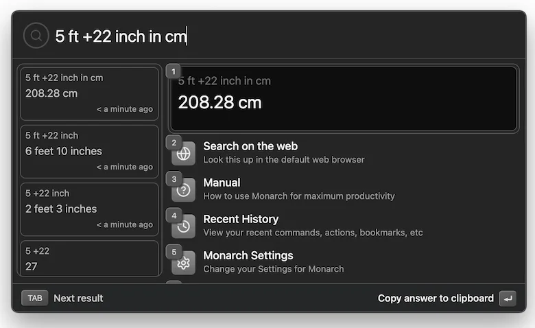 I tried calculating 5 feet plus 22 inches in centimeters, and it worked perfectly, giving the result in centimeters.
