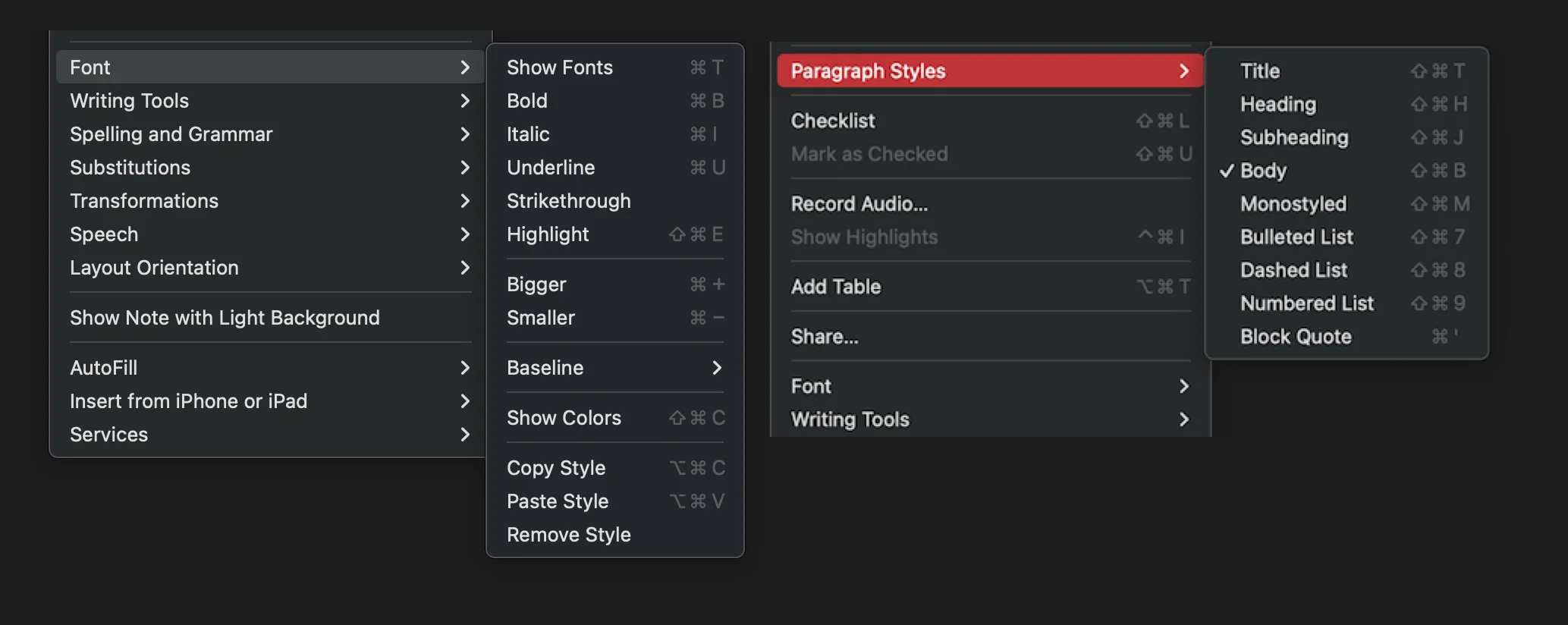 Font and Paragraph Style Options for Apple Notes. The image shows two sub-menus covering various options such as bold, italic, bigger, smaller, baseline for font on the left, and title, heading, subheading etc for paragraph styles on the right.