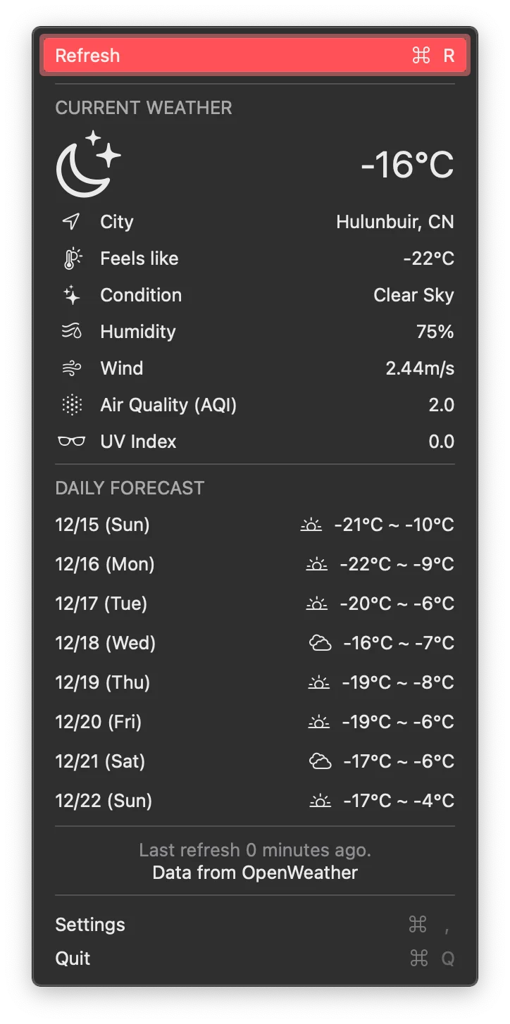 The image displays a weather app showing the current weather for Hulunbuir, China. The temperature is prominently displayed along with a “feels like” temperature, weather condition (clear sky), humidity, wind speed, air quality index (AQI), and UV index. Below, a daily forecast provides temperature ranges and weather icons for the upcoming week. At the bottom, it mentions the data source as OpenWeather, and options for Settings and Quit are included. The city appears to be stuck in Hulunbuir, China and cannot be changed.