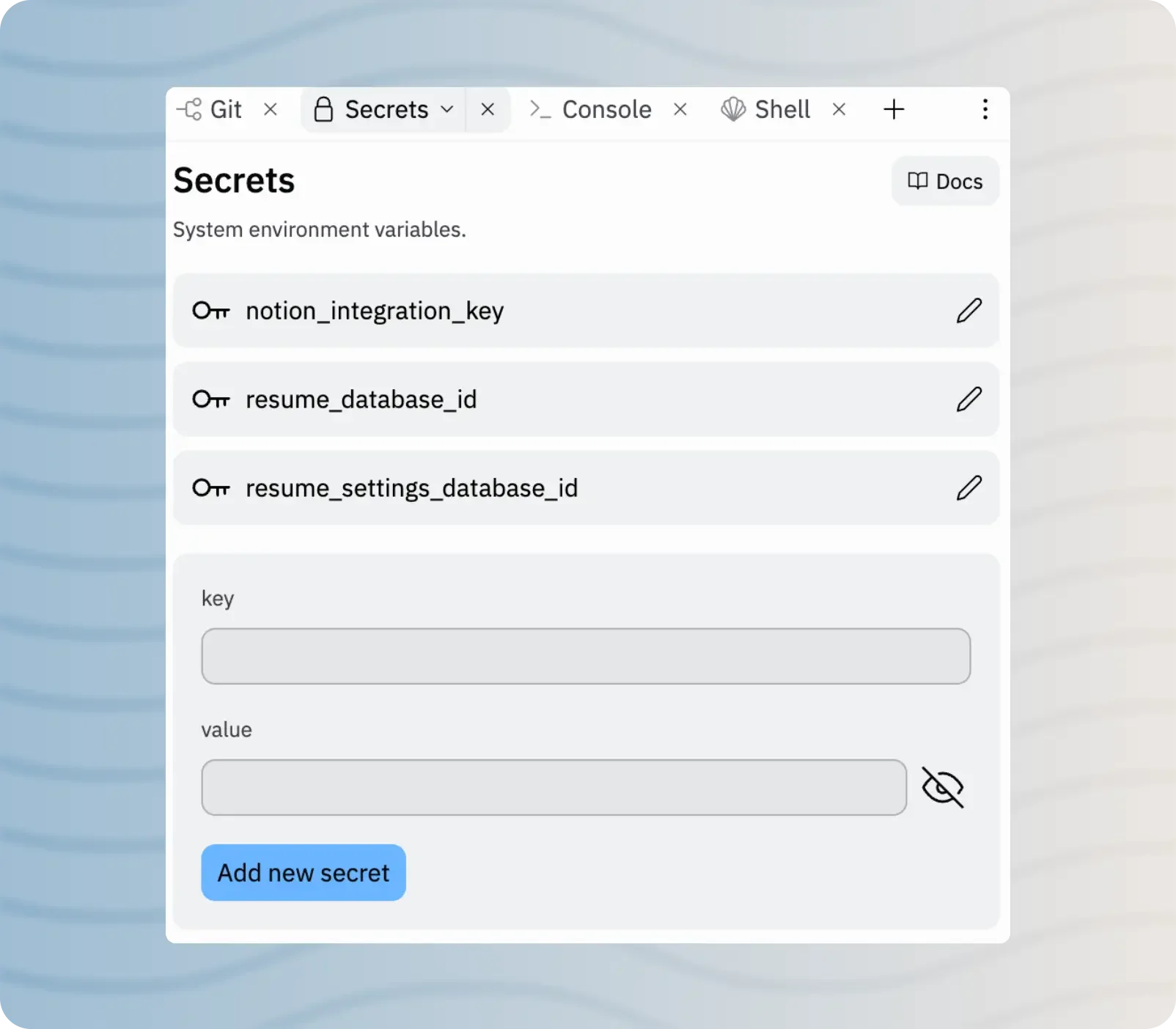 Secret environment variables in replit