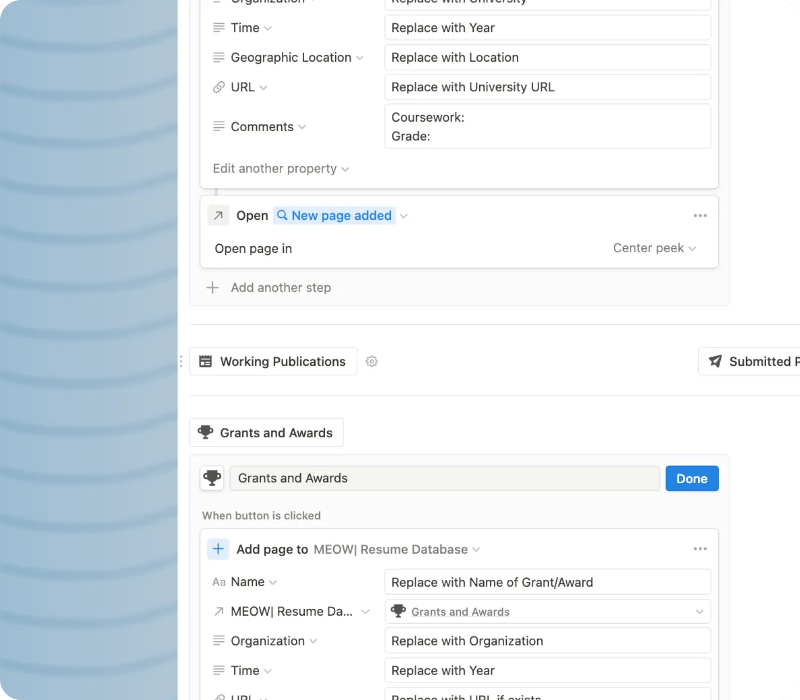 Pre-filled information in new information addition buttons