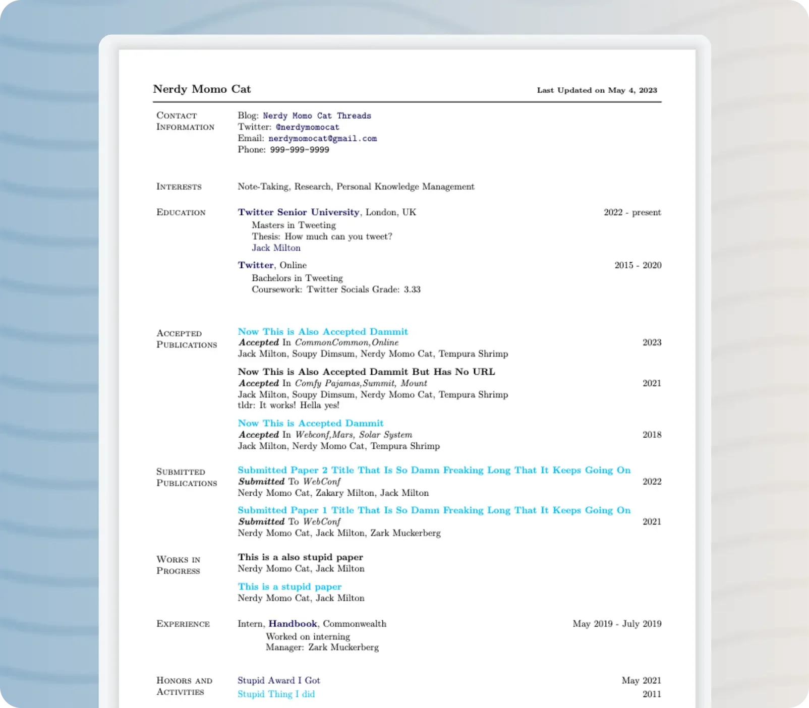 Example generated resume image