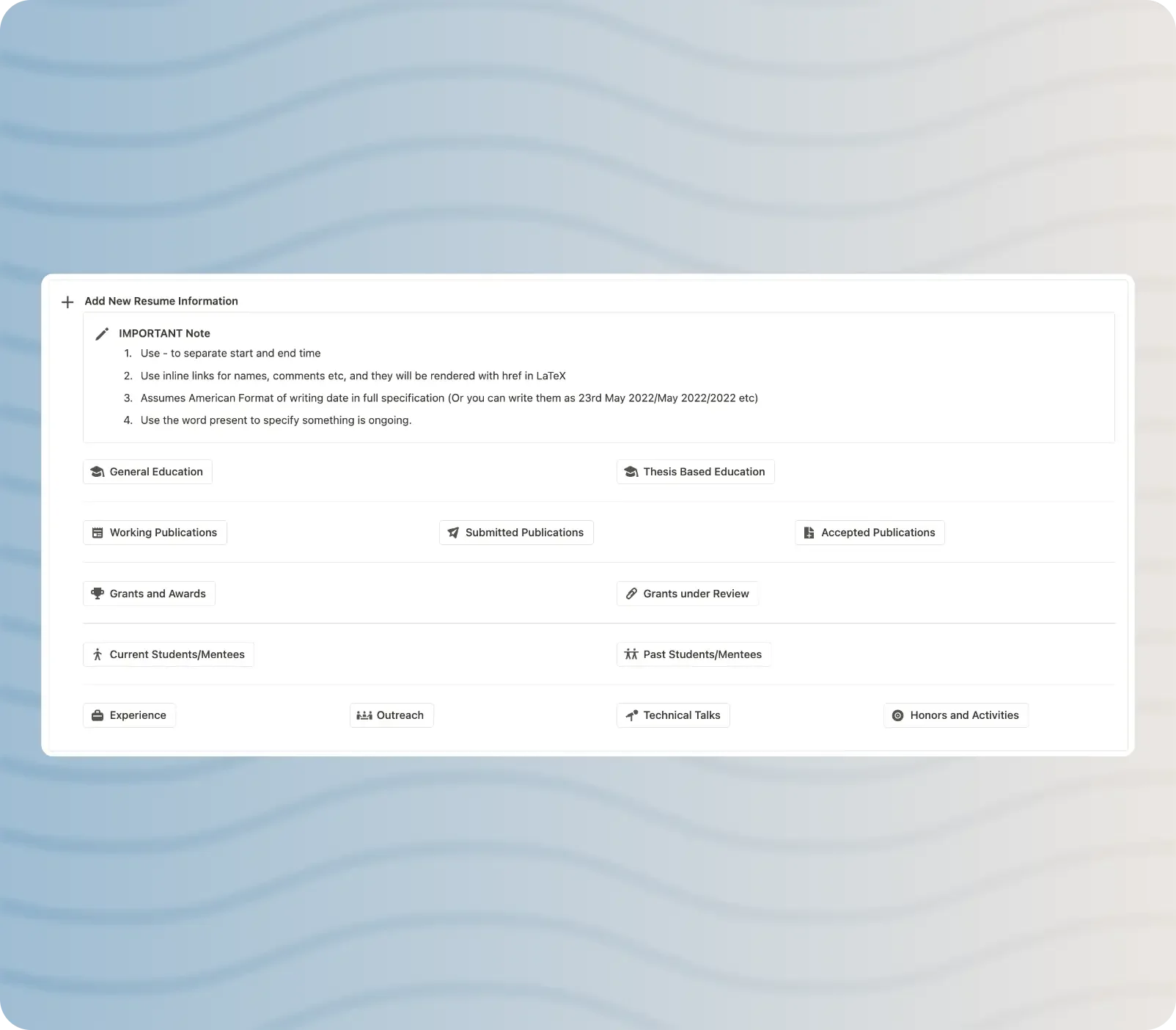 New information addition buttons