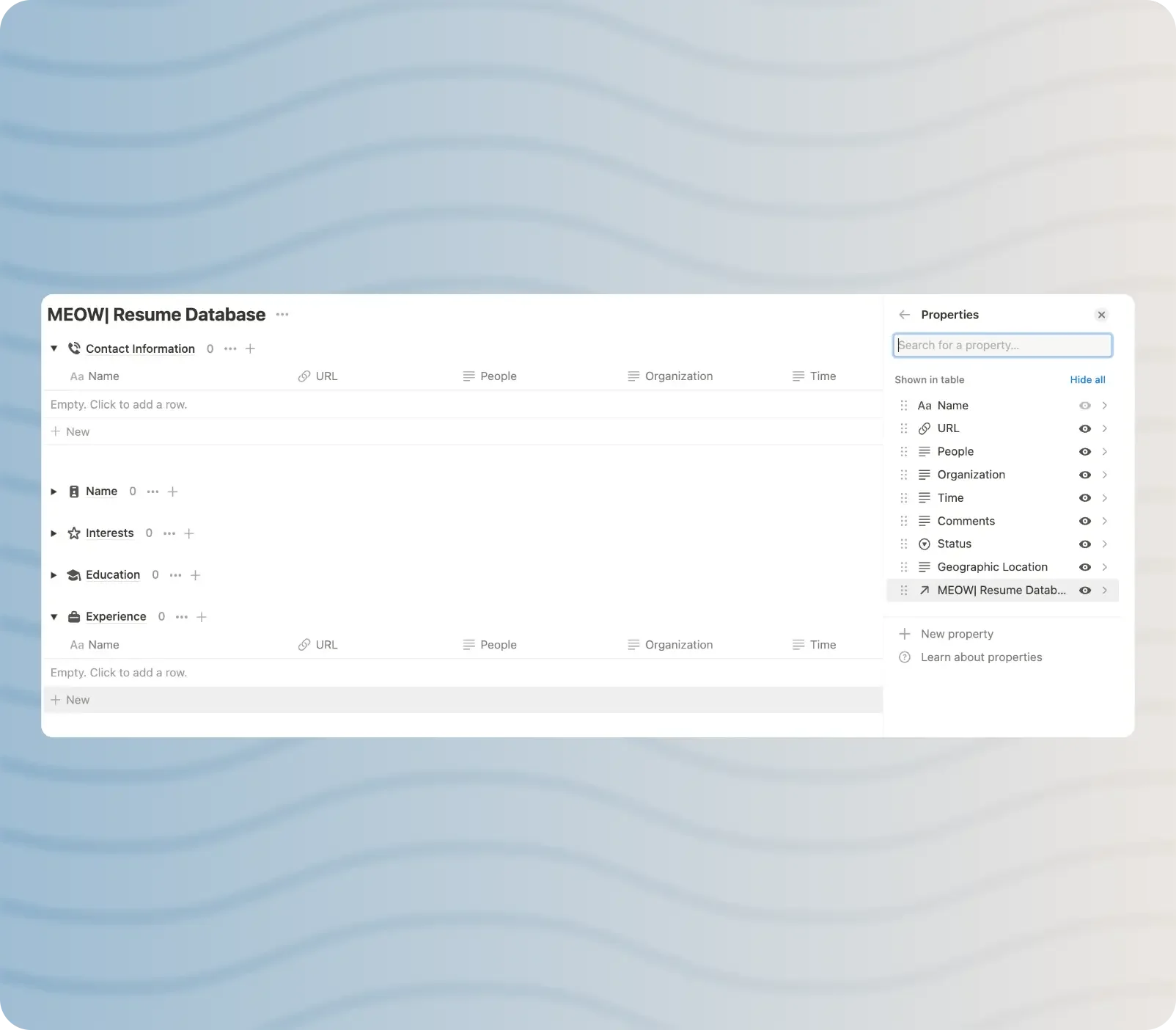 Properties in the MEOW| Resume Database