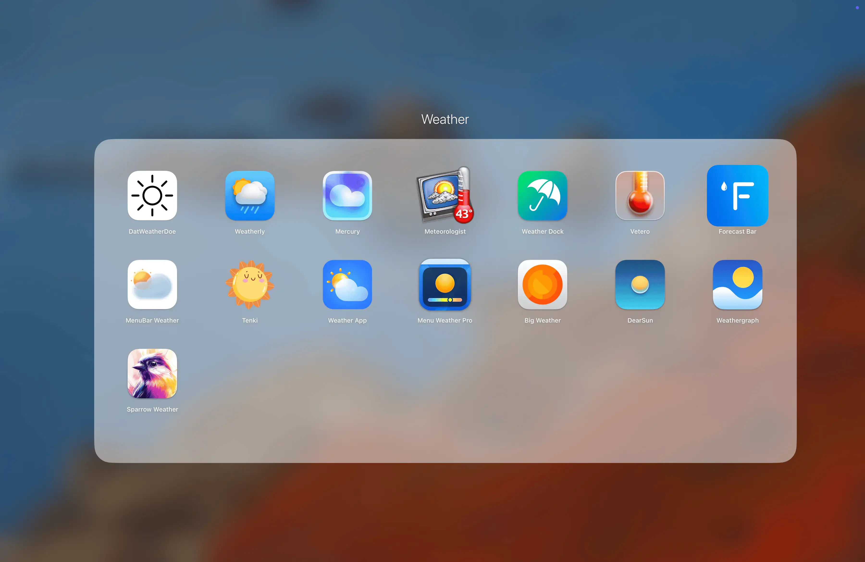 The image shows a collection of weather apps on a screen, including icons for DatWeatherDoe, Weatherly, Mercury, Meteorologist, and others arranged in a grid in Launchpad.